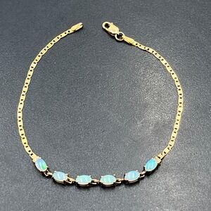 LFS Italy Vintage 14K Yellow Gold Flash White Opal Cabochons Bracelet 7"  2.04g